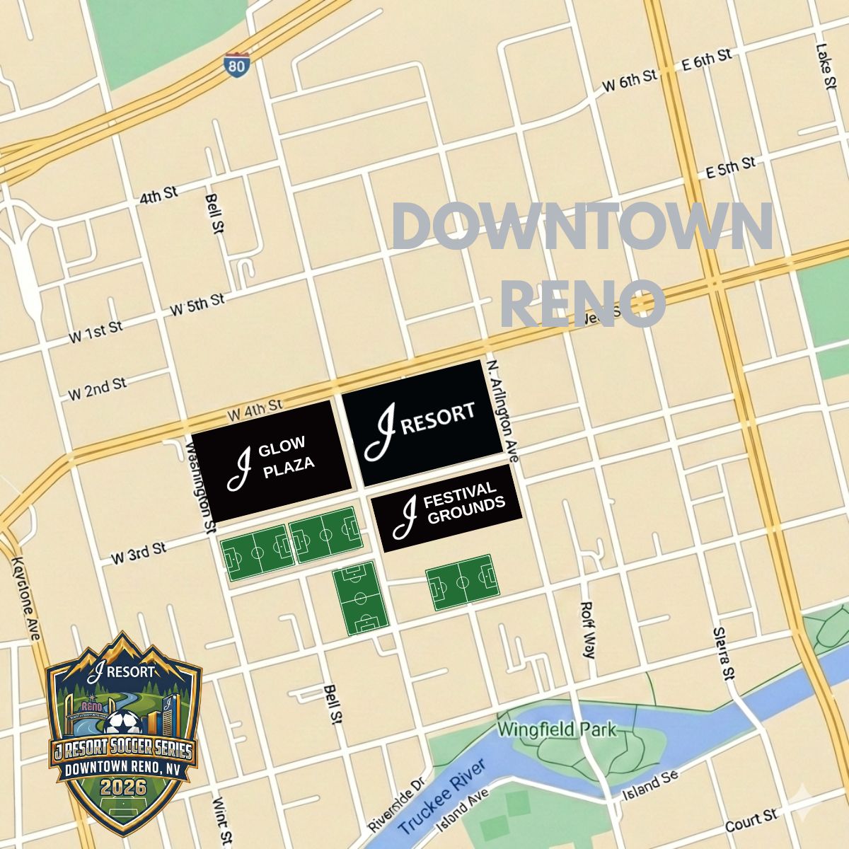 J Resort, Glow Plaza and Festival Grounds location.  Downtown Reno, NV